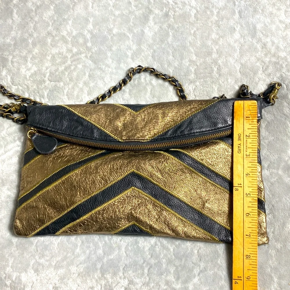 Vintage Helena De Natalio Metallic Gold Black Crinkled Leather Clutch Crossbody - Picture 11 of 13